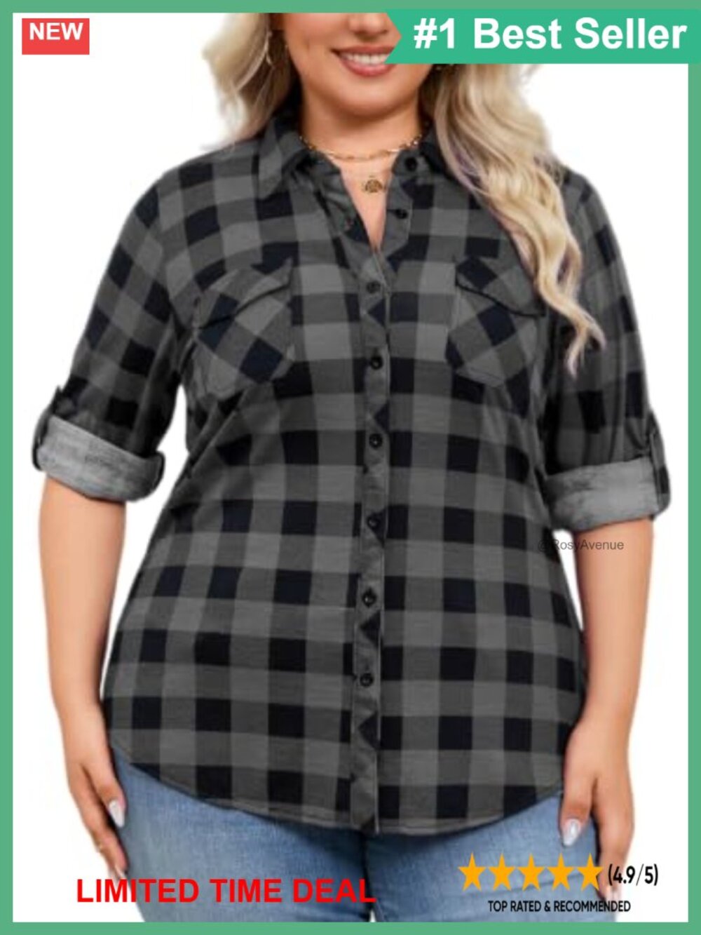 Womens Plaid Button Down Shirt Long Sleeve Stretchy Knit Roll Up Blouse